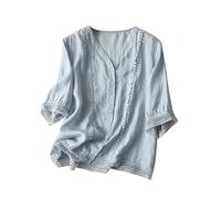 Chambray Shirt Women Women's Sleeved Cotton and Linen Crochet Shirt Women's Summer Artistic Retro Cotton and Linen Small Shirt Versatile Temperament Women's Fashion (Blue, XL)