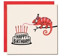 Chameleon Happy Birthday Card, Funny Lizard and Cake Design, 145mm x 145mm Square, Red, Includes Red Envelope