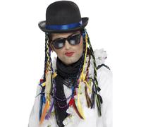 Smiffys Chameleon Bowler Hat, Black with Multi-Coloured Plaits, 1980's Fancy Dress, 1980s Dress Up Hats