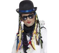 Smiffys Chameleon Bowler Hat, Black with Multi-Coloured Plaits, 1980's Fancy Dress, 1980s Dress Up Hats