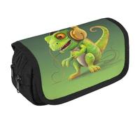 Chameleon Listen Music Pencil Case Organizer Large Capacity Cute Pen Pouch with 3 Compartment Office Stationery Large Pencil Bags with Zipper Fabric Pen Bag for Adults Portable Makeup Bag (Black)