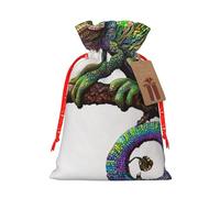 Chameleon listen music print Printed Christmas Drawstring Bags Reusable Bag for Party Xmas Gift Wrapping, Red Ribbon, M