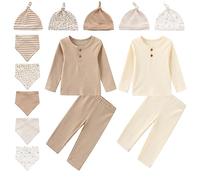 Chamie Infant Baby Boys Clothing Sets Newborn Baby Cotton Romper Outfits Suit Toddler Kids Ribbed Clothes 14pcs Long Sleeves T-Shirt + Solid color Pants + Hats + Bibs 0-24 Months