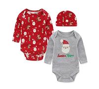 Chamie Newborn Baby Grow Long Sleeve Bodysuit Pack of 2 Vests & 1 Hats One-Piece Suit for Boy and Girl,6-9 Months,Father Christmas Elk