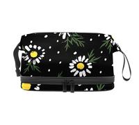 Chamomile Floral on Black Double Layer Cosmetic Bag for Women and Girls, Travel Toiletry Bag Makeup Handy Pouch Organiser Bag with Brush Compartment