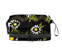 Chamomile Floral on Dark Background Double Layer Cosmetic Bag for Women and Girls, Travel Toiletry Bag Makeup Handy Pouch Organiser Bag with Brush Compartment
