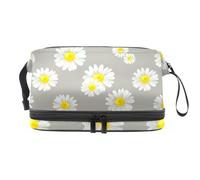 Chamomile Flower Pattern Double Layer Cosmetic Bag for Women and Girls, Travel Toiletry Bag Makeup Handy Pouch Organiser Bag with Brush Compartment
