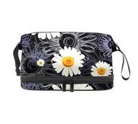 Chamomile Flower with Lined Pattern Double Layer Cosmetic Bag for Women and Girls, Travel Toiletry Bag Makeup Handy Pouch Organiser Bag with Brush Compartment