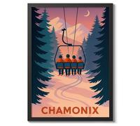 Chamonix Vintage Skiing Poster, Minimalist Wall Art, Mountain Travel Prints, Snow, Ski Trip Home Decor, A2 (Black Frame) - 62.5x45.1cm