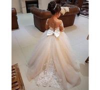 (champagne, 140cm) Cute Flower Girl Dresses for Wedding Big Bow Appliques Long Little Pageant Gowns Girls White Tulle First Communion Gowns
