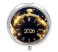 Champagne 2026 New Years Round Pill Organizer Portable Medicine Pill Dispensers Container for Daily Travel