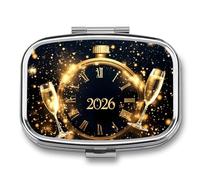 Champagne 2026 New Years Travel Pill Organizer Small Square Metal Portable Medicine Case Box for Purse Pocket