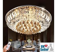 (Champagne, 65cm) Geniune K9 Crystal LED Round Flush Ceiling Light Chandelier 3 Colours + Bluetooth Speakers + Remote Control