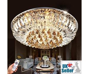 (Champagne, 80cm) Geniune K9 Crystal LED Round Flush Ceiling Light Chandelier 3 Colours + Bluetooth Speakers + Remote Control