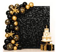 Champagne Black Shimmer Wall Backdrop, 30cm*30cm*24 Pcs Square Sequin Panels, Black Photo Booth Backdrop for Birthday, Wedding, Baby Shower (6FTx4FT)