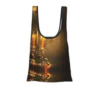Champagne Colorful Ribbon Print Reusable, Foldable,Washable Grocery Bags Foldable in A Pouch Eco Tote Shopping Bag,Daily Shopping Loading