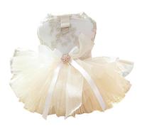 Champagne Dog Dresses for Small Dogs Girl with Leash Ring & Bow Decor,Luxury Dog Wedding Dress with Multi-Layer Princess Tutu Skirt, Embroidered Cat Flower Dress(M)