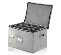 Champagne Flute Storage Box - Hard Shell China Storage Holds 12 Stemware Glasses - Protects Flutes, Crystal Glass, Wine Glasses and Fine China - Stackable - Fully Padded Inside