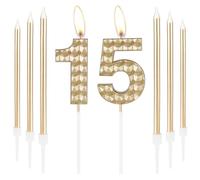 Champagne Gold 15th Birthday Number 15 Candles, Girls & Boys Decorations, Happy Candle Topper for Women, Men, Parties & Weddings