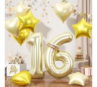 Champagne Gold 16 Balloons, 40inch Large 16th Balloons Set, Light Gold 16 Number Balloons, Gold Foil Star Heart Balloons With Long Balloons For 16th Birthday Party 1st 6th Baby Shower Decorations