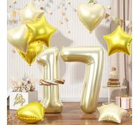 Champagne Gold 17 Balloons, Large 17th Balloons Decor, Light Gold 17 Number Balloons, Gold Foil Star Heart Balloons With Long Balloon For 17th Birthday Party 1st 7th Baby Shower Anniversary Decor