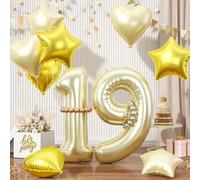 Champagne Gold 19 Number Balloons, Light Gold 19 Balloons, 40inch 19th Balloons Decor, Foil Star Heart Balloons With Long Balloons For 19th Birthday Party Anniversary 1st 9th Baby Shower Decorations