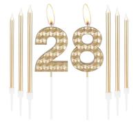 Champagne Gold 28th Birthday Decorations - Number 28 Candles for Girls & Boys, Happy Birthday Cake Topper