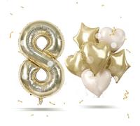 Champagne Gold 8th Birthday Balloons for Boys, Big Self Inflating 8 Foil Balloon Number with Cream Heart Balloon Anniversary Decorations, 40'' 8 Balloon Light Gold Star Set for Graduation Party Decor
