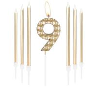 Champagne Gold 9th Birthday Number 9 Candles - Girls & Boys Birthday Decorations, Cake Toppers for Parties & Weddings