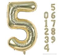Champagne Gold Balloon Number 5, 40 Inch Large Self Inflating Foil Number Balloons 0-9, Light Gold Digital 5 Helium Balloon for 5th Girls Boys Women Birthday Party Graduation Anniversary Decorations