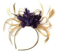 Champagne Gold Beige Camel and Dark Purple Fascinator on Headband Alice Band UK Wedding Ascot Races Derby