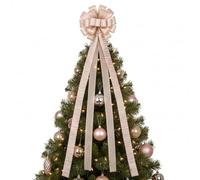 Champagne Gold Christmas Tree Topper Bow,33CM X 122CM Large Velvet Christmas Bow Xmas Tree Top Hat with Streamer and Bauble Pattern, Xmas Tree Hanging Ornaments for Wedding Party Decorations