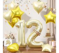 Champagne Gold Number 12 Balloons, Light Gold 12 Number Balloons, 12th Balloons Set, Gold Foil Star Heart Balloons With Long Balloon For 12th Birthday Party Anniversary 1st 2nd Baby Shower Decorations