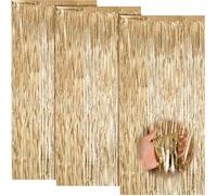 Champagne Gold Tinsel Curtain Glitter Party, 3Pcs 6.5ft x3.3ft Glitter Metallic Foil Fringe Curtain Backdrop, Glitters Wall Backdrop Door Streamers for Birthday Wedding Holiday Party Prom Decoration