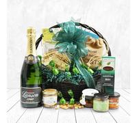 Champagne & Gourmet Food Basket with Lanson | Luxury Food & Wine Gift Hamper with 5 Award-Winning Treats | Handmade Wicker Basket with Handle