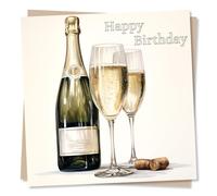 Champagne Happy Birthday Card - Birthday Celebrations, Watercolour Style - Made in UK