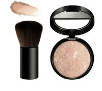 Champagne Marble Glow Baked Powder Foundation with Kabuki Brush - Illuminate & Brighten for Mature Skin, Oil-Control, Buildable Coverage, Natural Finish, Long-Lasting, Compact with Mirror