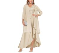 Champagne Mother of The Groom Dresses Long Two Pieces Ruched Chiffon Classy Mother of Bride Dress for Wedding UK14
