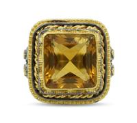 Champagne Quartz Square Faceted Yellow Gemstone Ring 925 Sterling Silver Black Rhodium Gold Plated Bezel Set Statement Cocktail Jewelry for Women