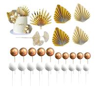 Champagne Rose Cake Decoration Balls, 26pcs Cake Decoration Gold Palm Leaves, Paper Palm Fan Cake Decorations Decoration Boho White Ball for Birthday Wedding(Gold)