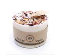 Champagne & Roses Scented Candle, Soy Wax Candle Decorated with Dried Rose Petals, Small Round White Pillar Candle