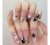 Champagne Star Pink Coffin Press On Nails With Midnight Galaxy Black Star Cosmic Glow Blend Art - Glossy Pink Metallic Silver Tips And Chic Mixed Shine Style For Modern Nail Art Enthusiasts