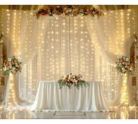 Champagne Tulle Photo Backdrop Curtain with Lights String for Parties Wedding Bridal Shower Sheer Champagne Curtain Backdrop for Birthday Party Baby Shower Photo Booth Photography 20ft x 10ft