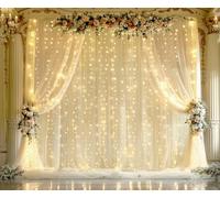 Champagne Tulle Photo Backdrop Curtain with Lights String for Parties Wedding Bridal Shower Sheer Champagne Curtain Backdrop for Birthday Baby Shower Photo Booth Photography 20ft x 8ft