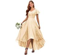 Champagne Womens Tea Length Chiffon Mother of The Bride Dresses Lace Short Sleeve Wedding Guest Dress V Neck Formal Evening Ball Gown 20 Plus