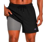 Champion Men's 5" Swim Trunks, Board Shorts with Compression Liner, Black/Skyscraper Liner, Large