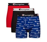 Champion Men's Boxer Briefs, Every Day Comfort Stretch Cotton Moisture-Wicking Underwear, Multi-Pack, Blue White Script Logo/Black/Red-3 Pack, L (Pack of 3)