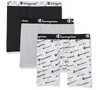 Champion Men's Underwear Boxer Briefs, Total Support Pouch, Assorted Multi-Pack, Grey Print with Script Logo/New Ebony/Silverstone-3 Pack, M (Pack of 3)