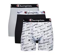 Champion Men's Underwear Boxer Briefs, Total Support Pouch, Assorted Multi-Pack, Grey Print with Script Logo/New Ebony/Silverstone-3 Pack, L (Pack of 3)