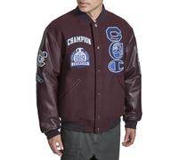 Champion Men's Mixed Media Letterman Varsity Patch Bomber Jacket, Wine, L
